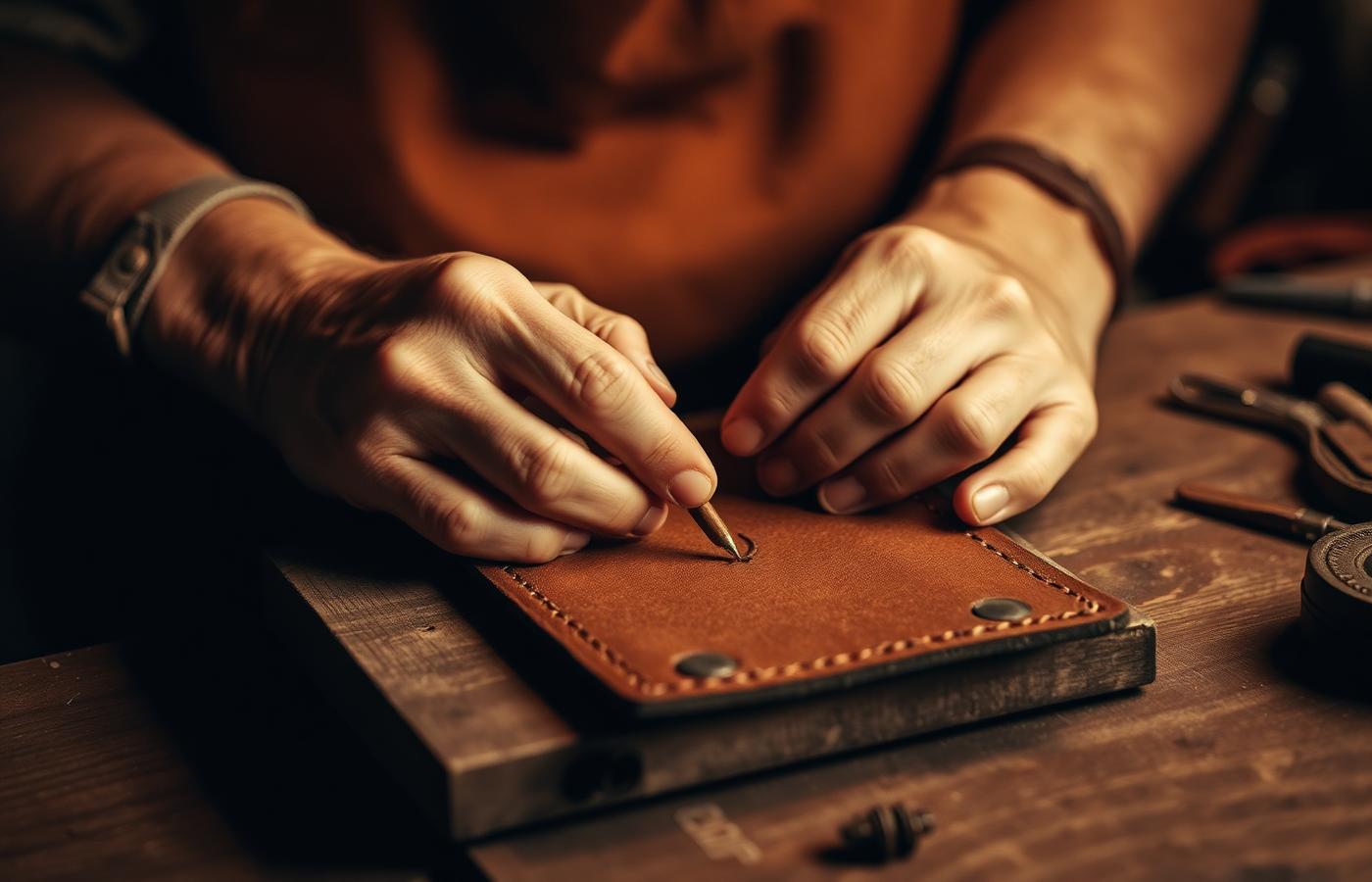 Hands stitching leather